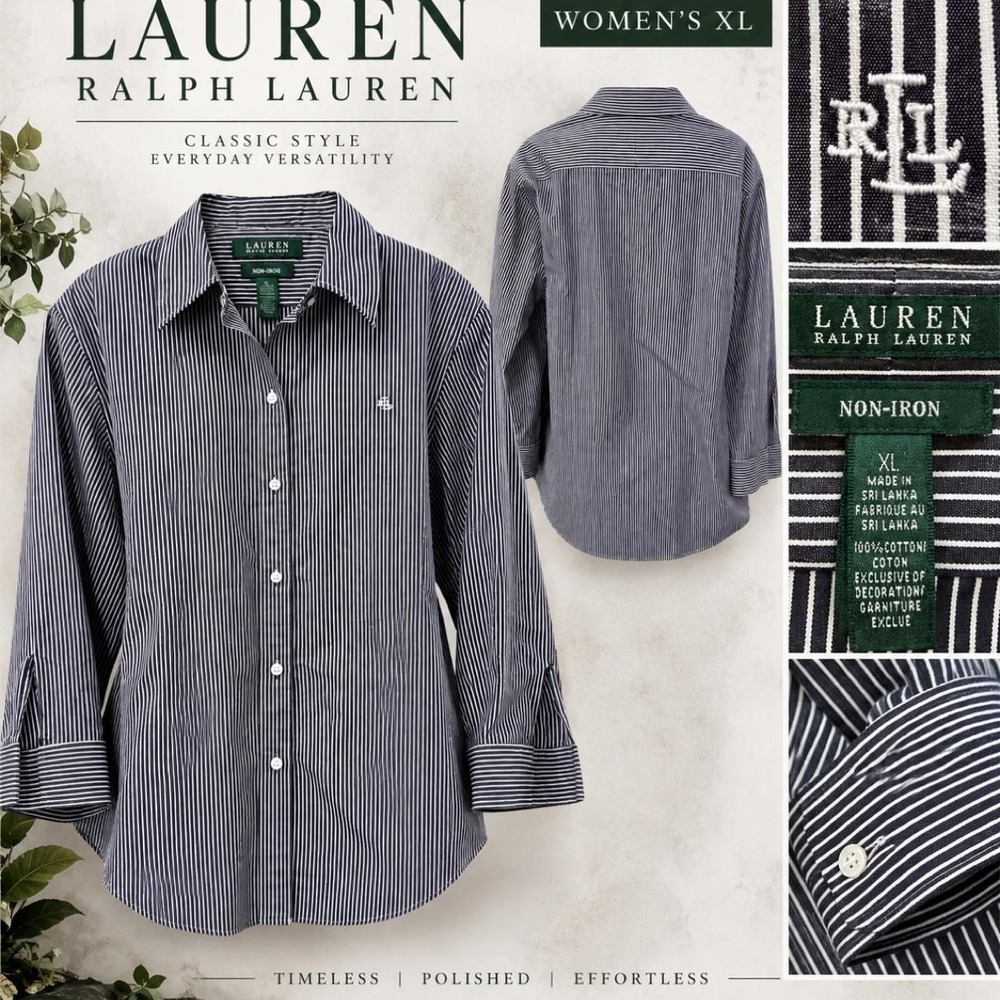 00096- Lauren Ralph Lauren Non-Iron Pinstripe Button-Up Shirt Navy/White XL